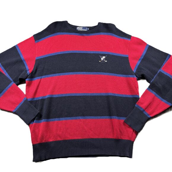 Polo Ralph Lauren Men Sweater Golf Striped Waffle Crewneck Sweatshirt XL C141 - Picture 1 of 8